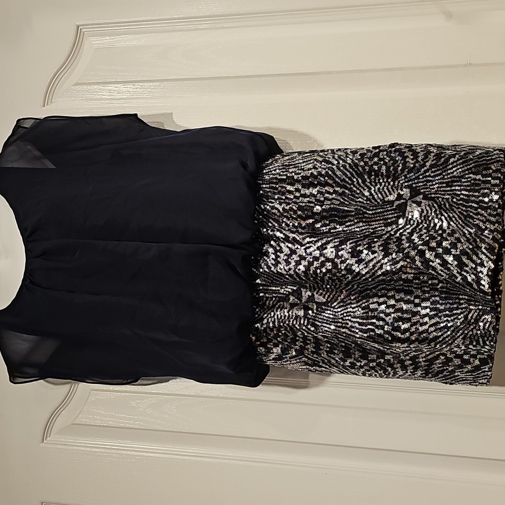 Love Reign Navy Chiffon & Silver Sequin Mini Cocktail Dress Sz L